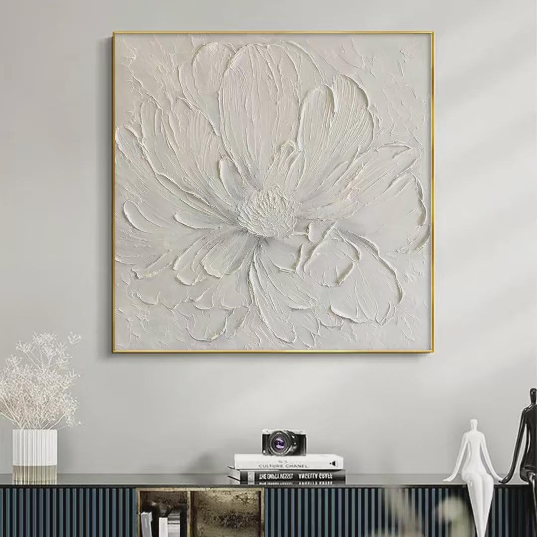 WHITE PEONY: Textured Minimalist Floral Painting in White - Image 4