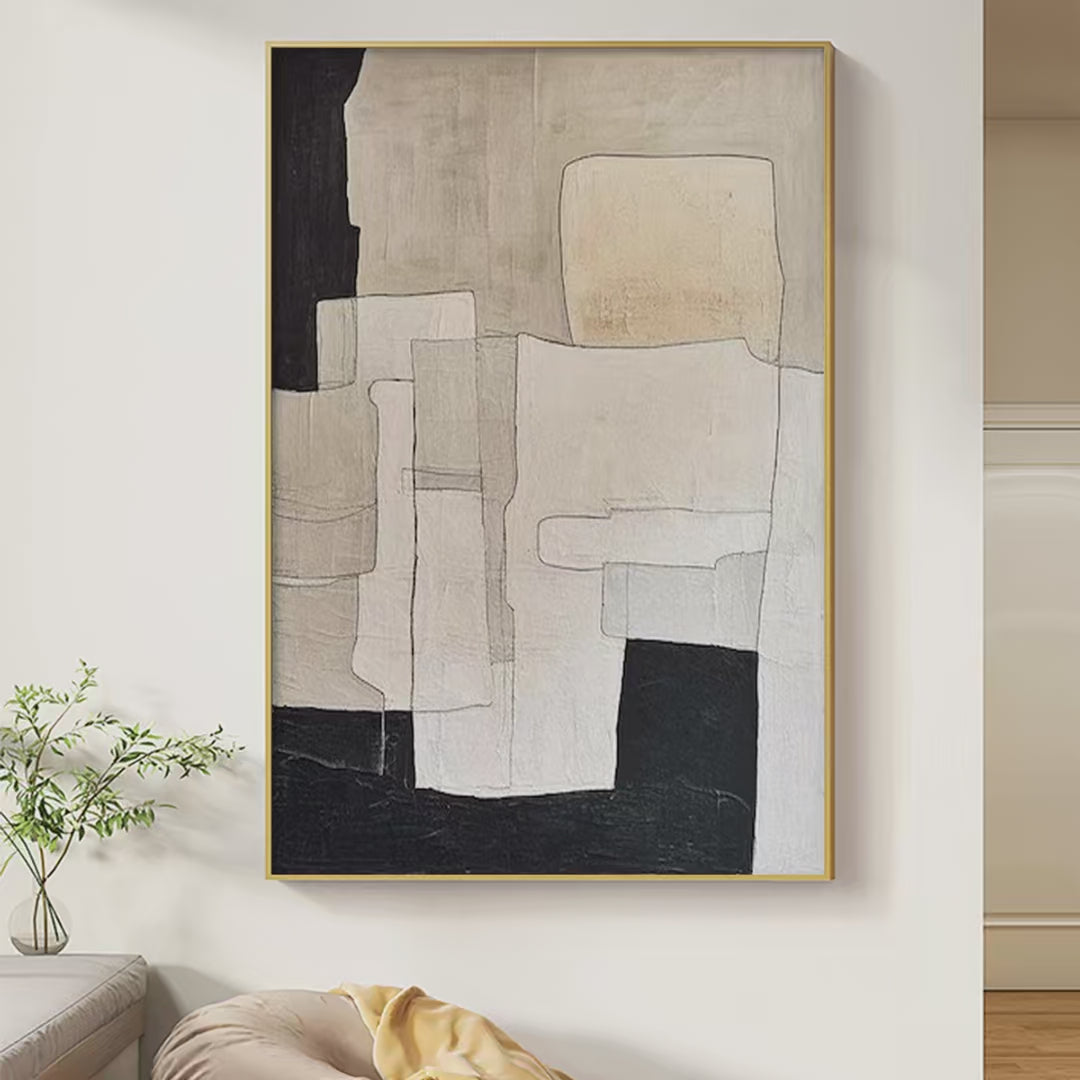 NEUTRAL ABSTRACT: Minimalist Abstract Painting in Beige and Black - Image 2