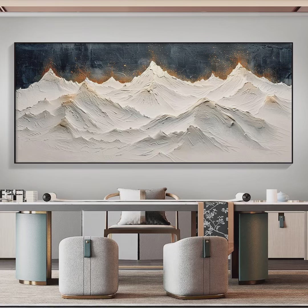 SNOWY PEAKS: Textured White and Gold Mountain Painting for Living Room - Image 2