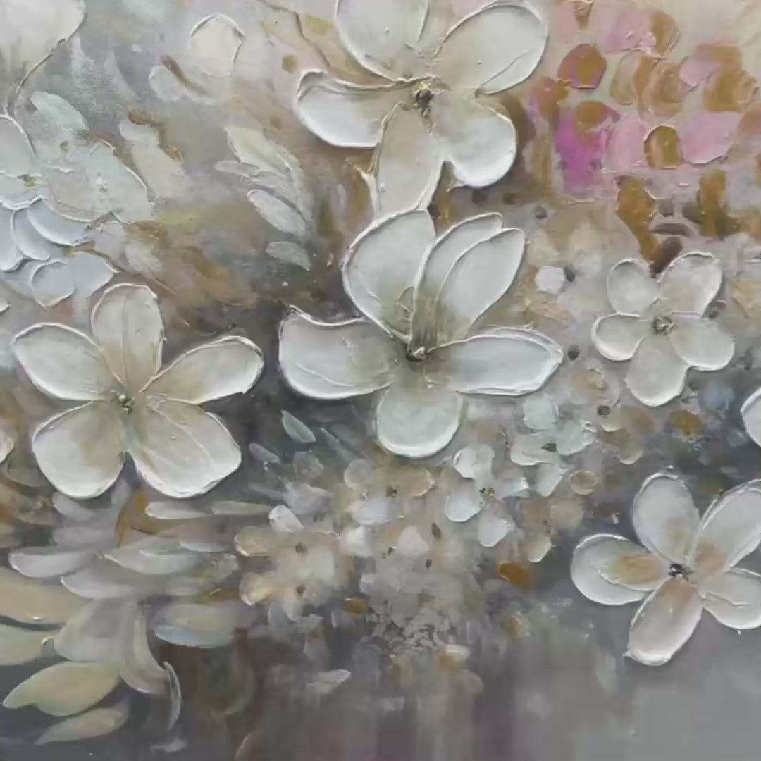 WHISPERING BLOSSOMS: Textured Beige and White Floral Impasto Painting - Image 3