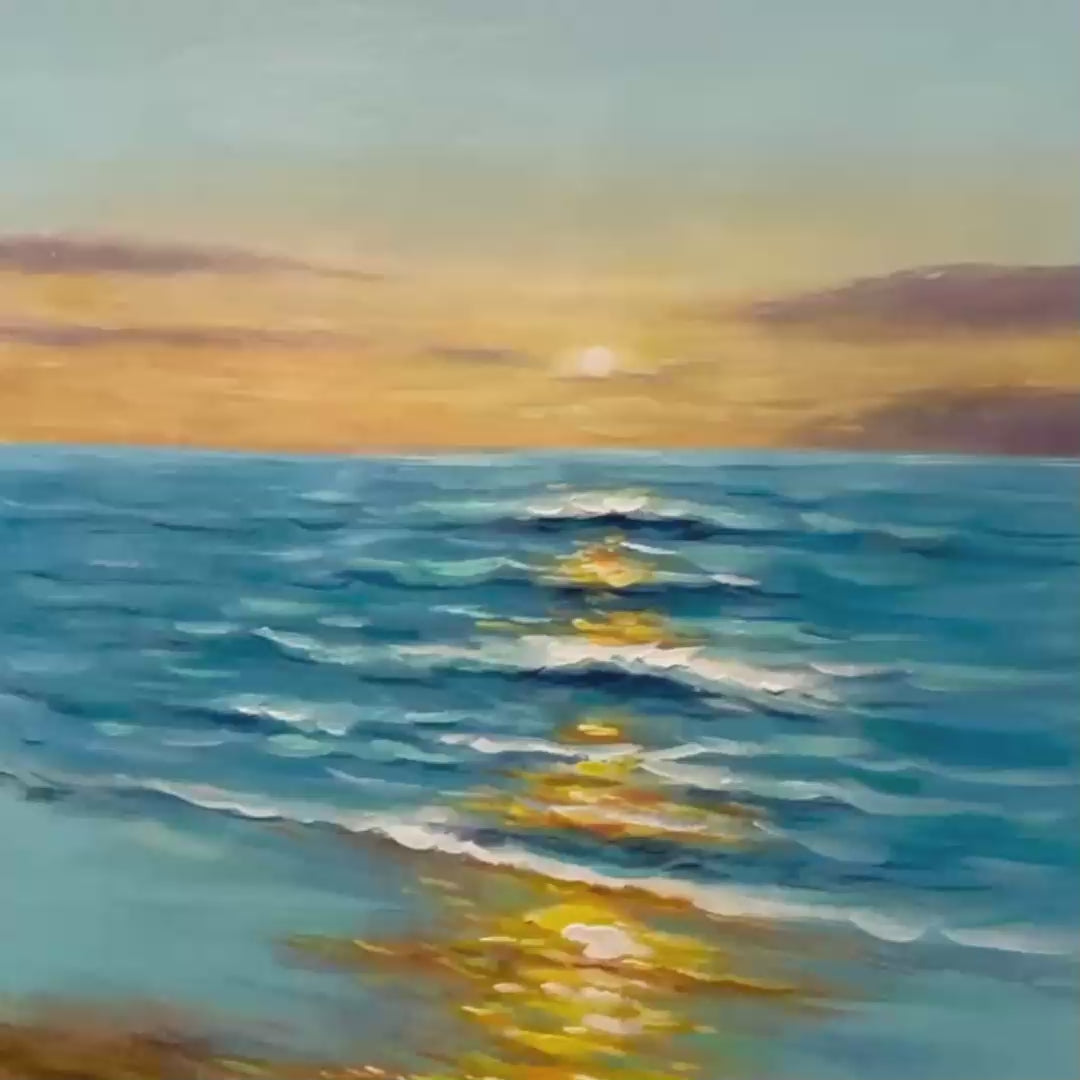 SUNKISSED SHORES: Vertical Ocean Sunset Painting, Beach Wall Art - Image 3
