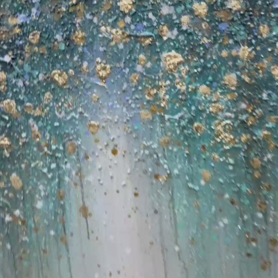 EMERALD RAIN: Panoramic Abstract Oil Painting with Gold and Green - Image 3