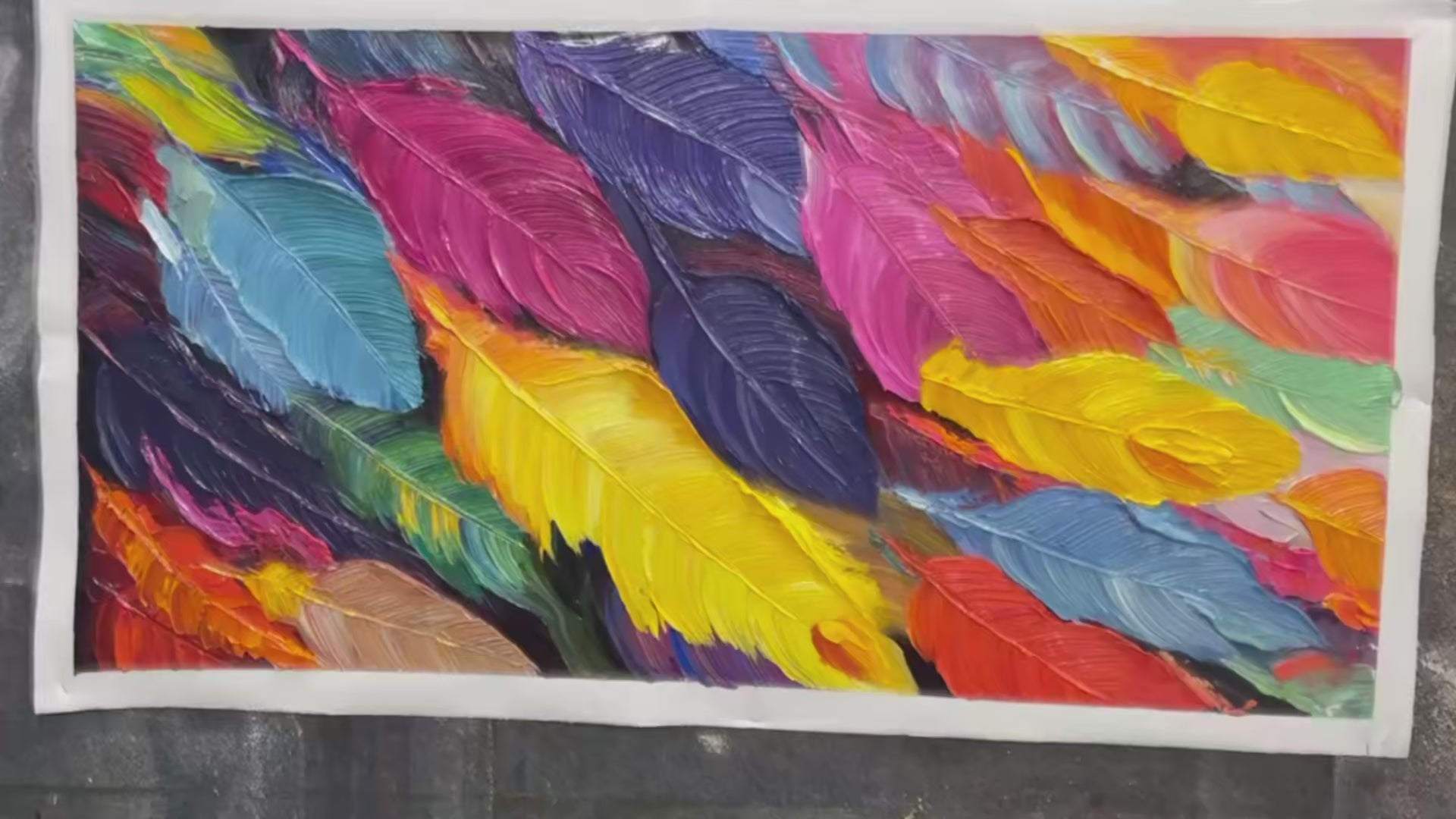 FEATHER DANCE: Horizontal Abstract Painting with Colorful Feathers, Textured Impasto, Modern Wall Art - Image 4