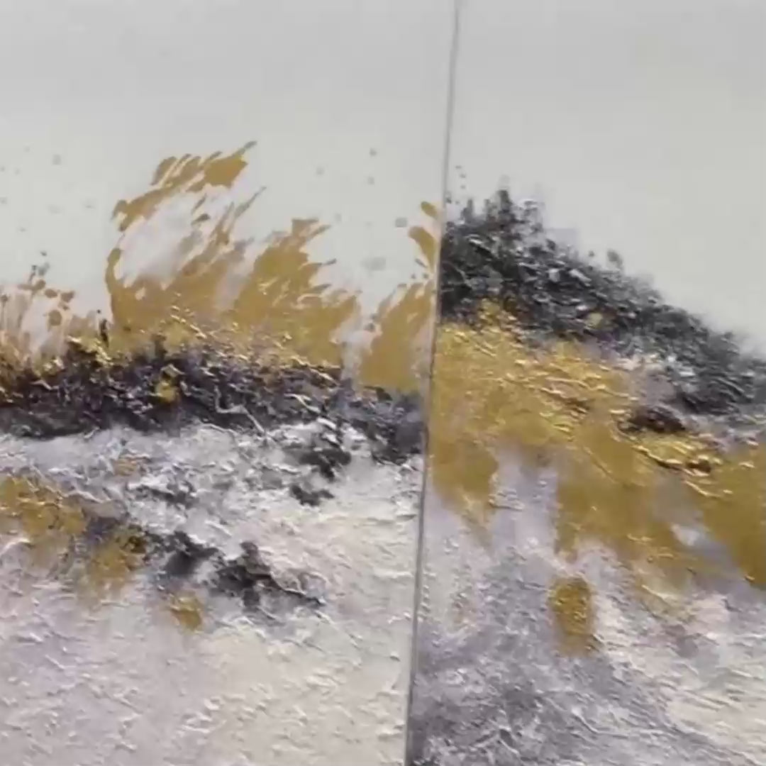 GOLD & GREY ABSTRACT TRIPTYCH: Abstract Painting Set of 3, Vertical Wall Art - Image 3