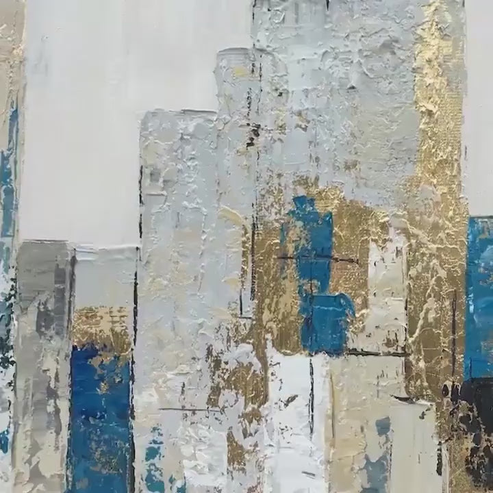 GOLDEN METROPOLIS: Abstract Cityscape Oil Painting in Gold and Blue - Image 4