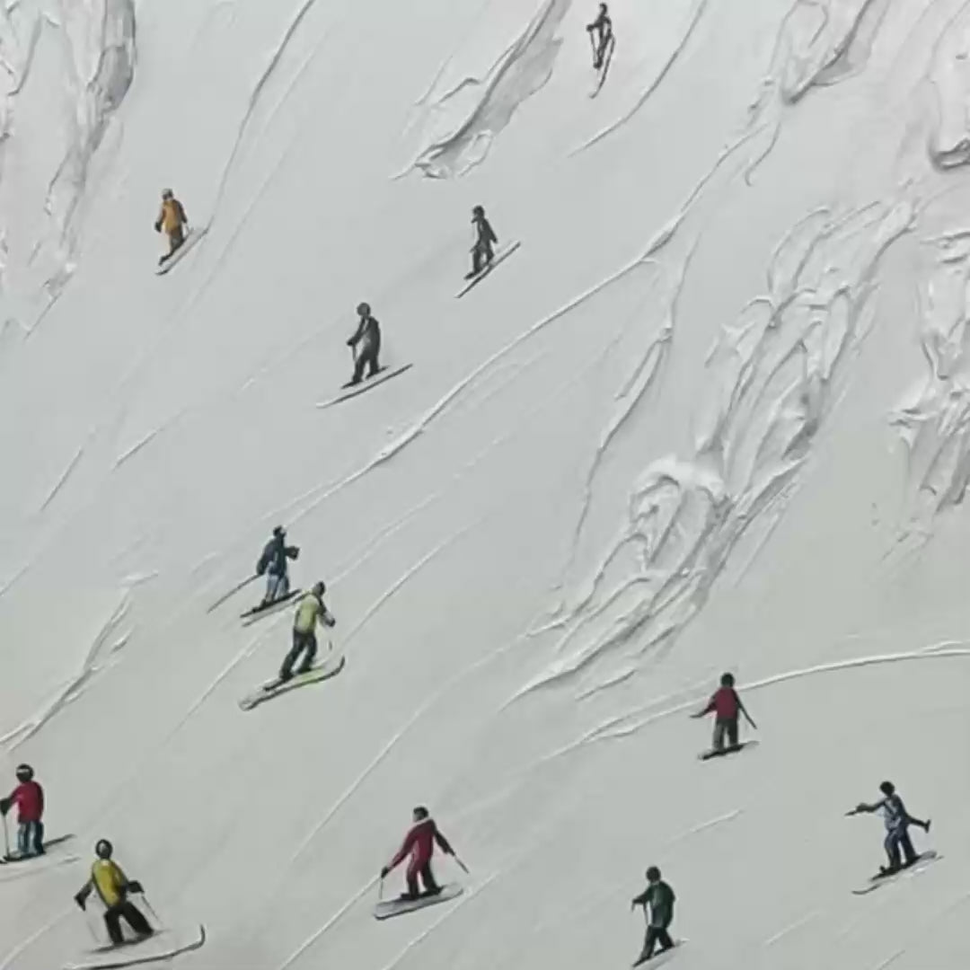 WHITE RUSH: Minimalist Skiing Painting on Textured Square Canvas - Image 3