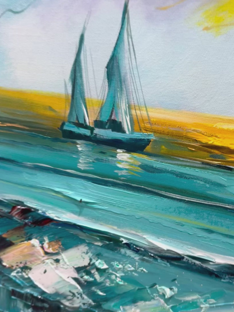 GOLDEN HORIZON: Vibrant Sunset Seascape Oil Painting - Image 4