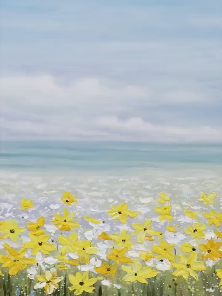 GOLDEN HOUR BLOOM: Landscape Oil Painting with Yellow Wildflowers and Blue Sky - Image 4
