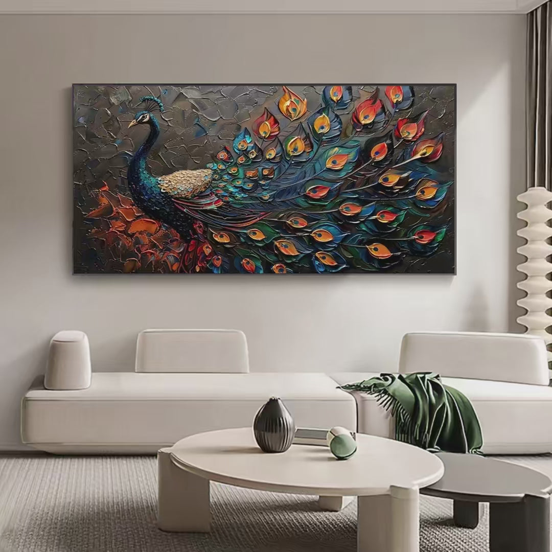 MAJESTIC PLUMAGE: Textured Peacock Painting, Impasto Wall Art, Horizontal Canvas, Animal Decor - Image 2