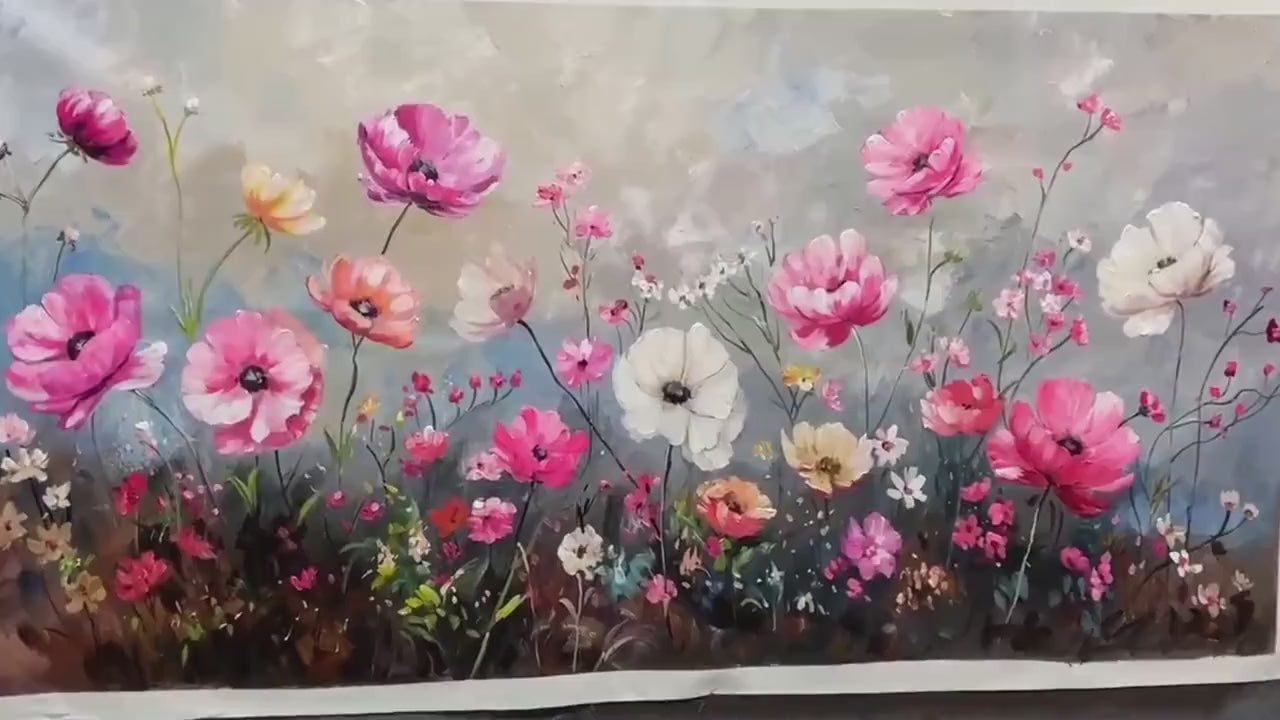SUMMER BLOOM: Textured Pink and White Floral Painting on Grey Background - Image 3