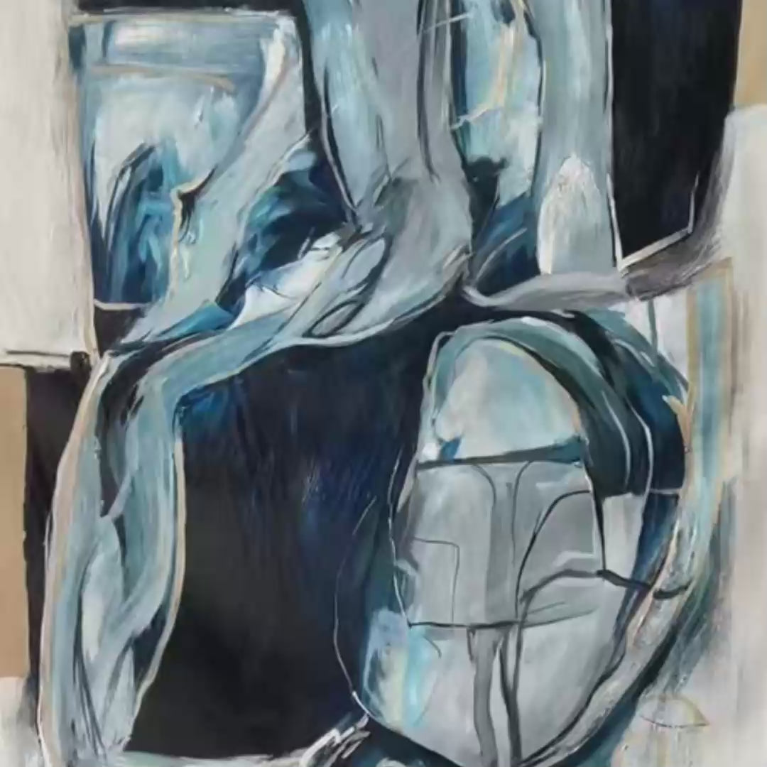 INDIGO DREAMSCAPE: Abstract Blue and Gold Oil Painting - Image 3