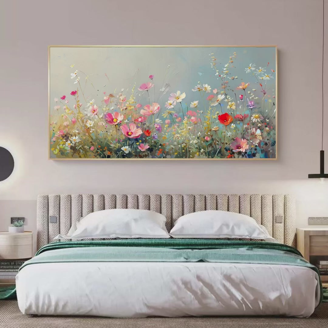 WILD MEADOW: Panoramic Floral Landscape Painting in Pink and White - Image 4