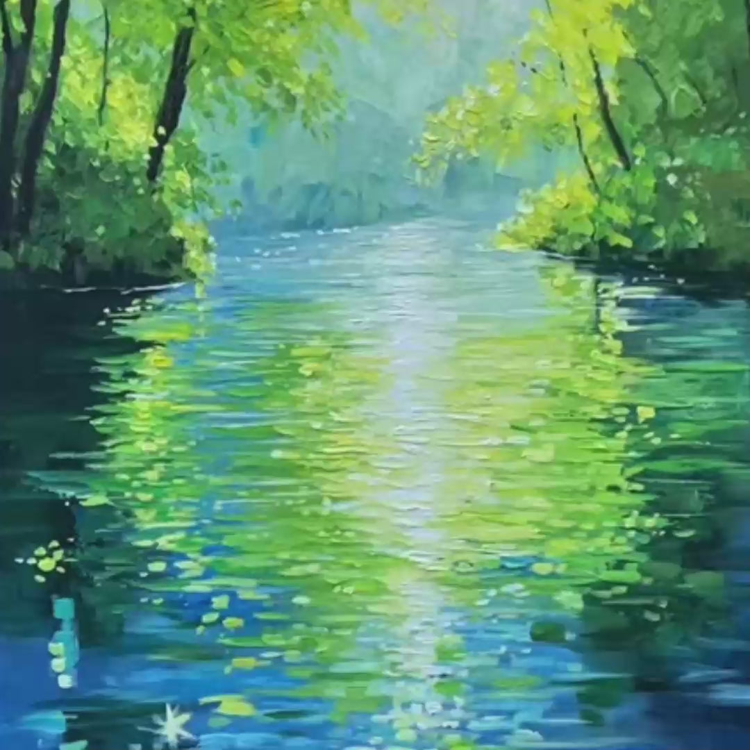 EMERALD GLOW: Impressionist Forest River Landscape Painting - Image 3