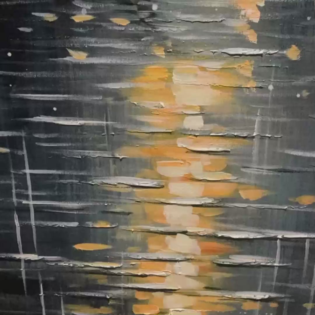 RAINY DAY REFLECTIONS: Vertical Painting of a Rainy City Street, Minimalist Figures, Modern Wall Art, Blue and Gold - Image 3
