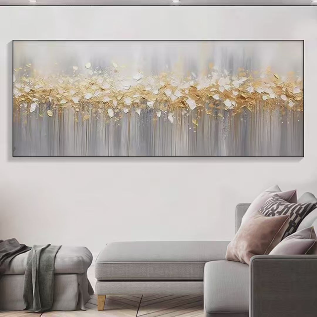 GOLDEN DRIZZLE: Textured Abstract Painting, Gold and Grey Wall Art, Panoramic Canvas, Modern Decor - Image 2