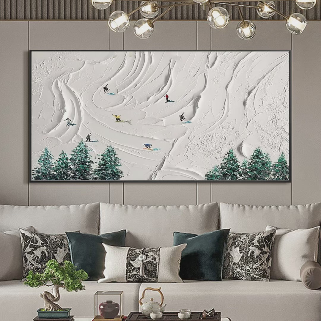 SNOWY PEAKS: Textured Minimalist Winter Landscape Painting with Skiers - Image 4