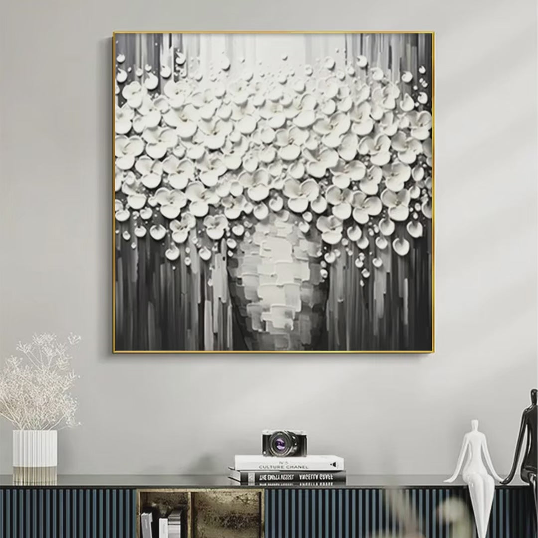 WHITE BOUQUET: Textured White Floral Painting on Grey Background - Image 4