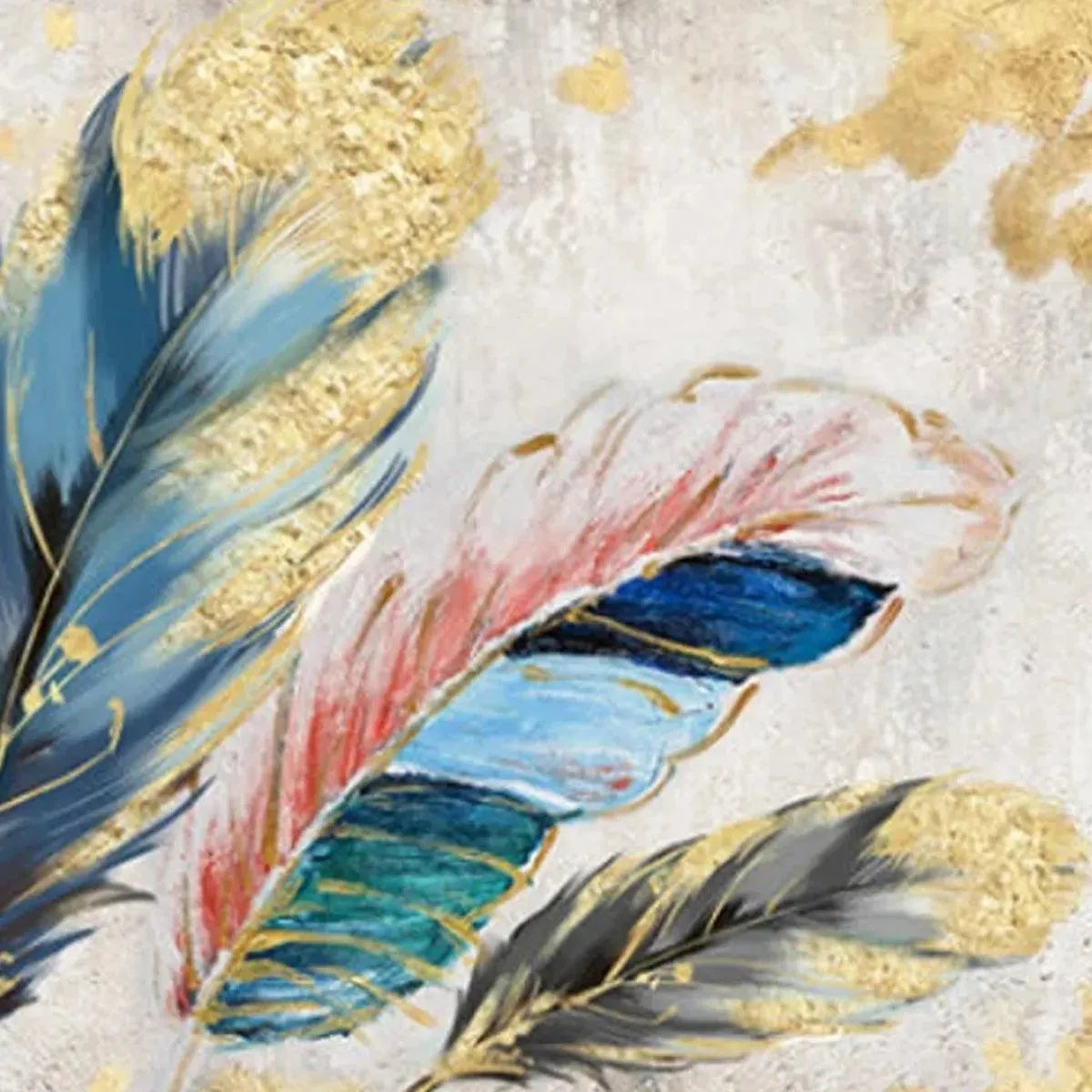 GOLDEN AND BLUE FEATHERS: Vibrant Feather Painting, Horizontal Wall Art - Image 3