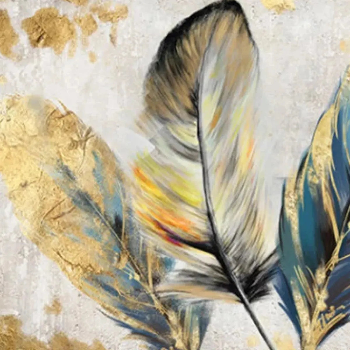 GOLDEN AND BLUE FEATHERS: Vibrant Feather Painting, Horizontal Wall Art - Image 5