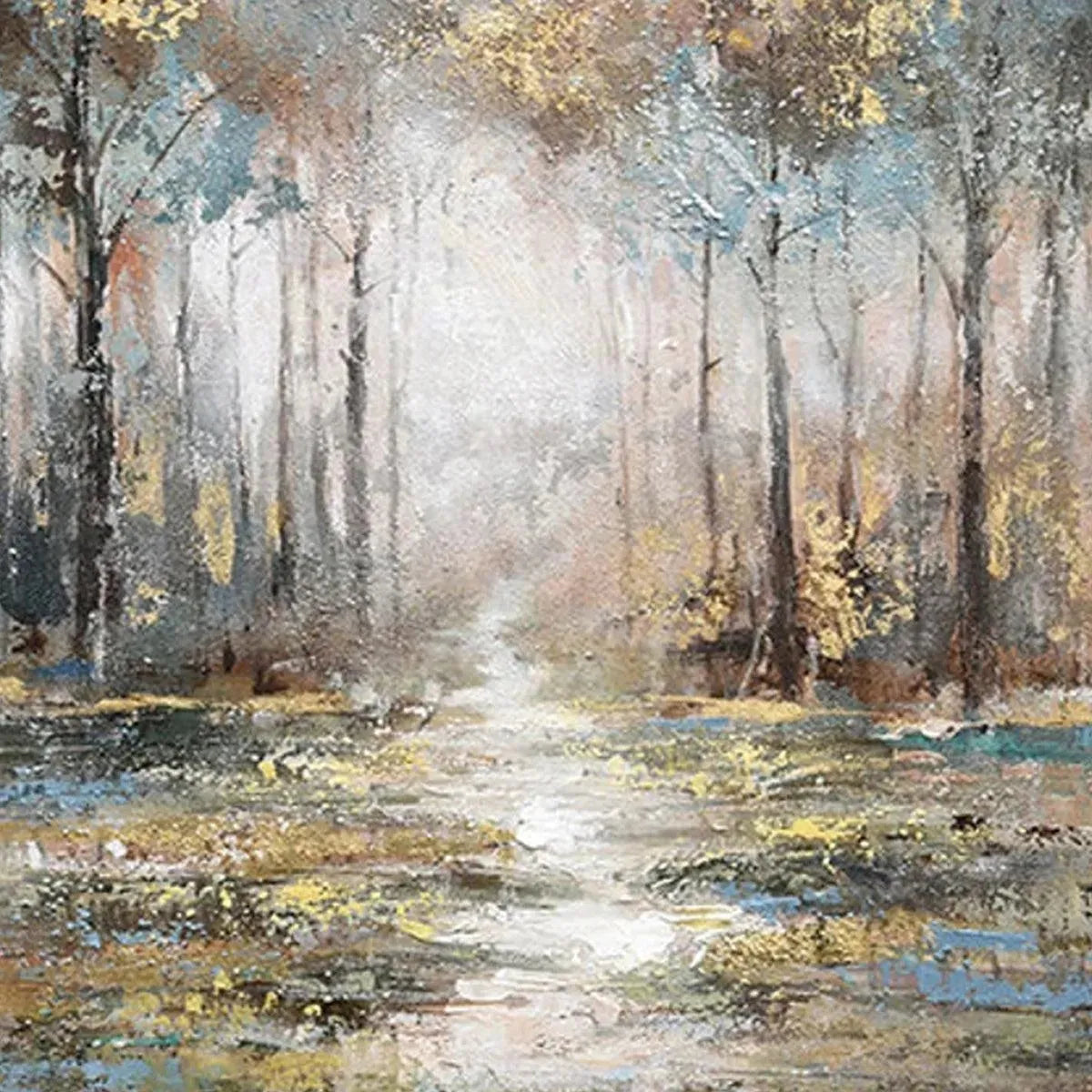 GOLDEN FOREST PATH: Textured Forest Landscape Painting, Vertical Wall Art - Image 5