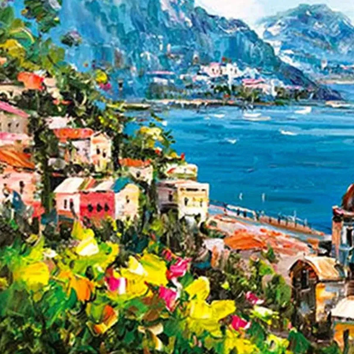 COASTAL MEDITERRANEAN TOWN: Vibrant Coastal Landscape Painting, Panoramic Wall Art - Image 3
