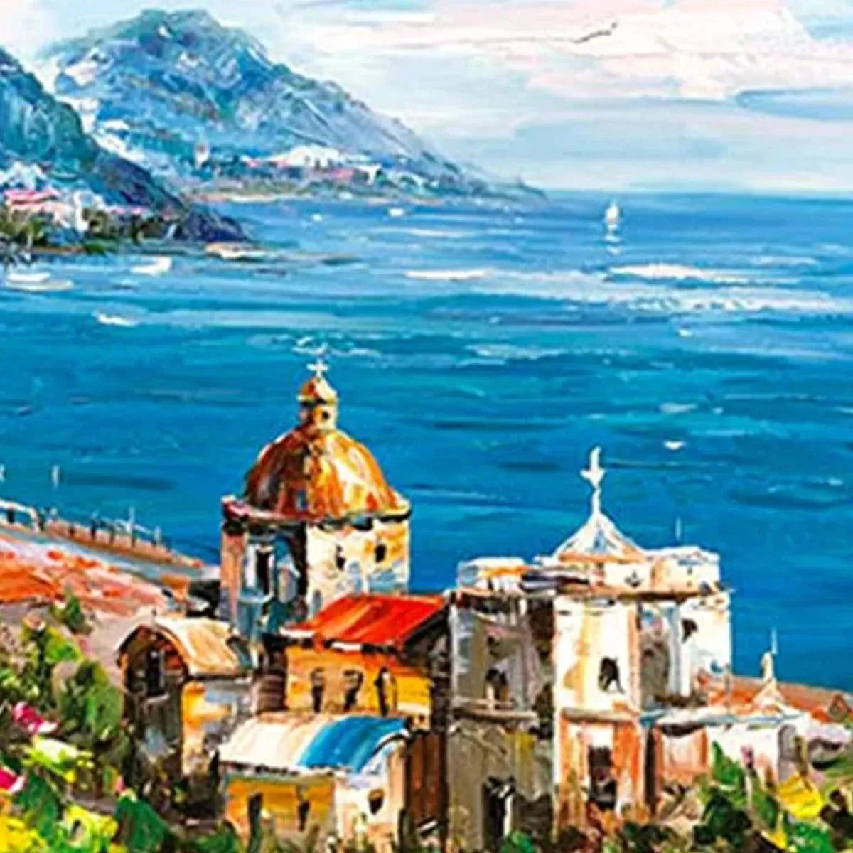COASTAL MEDITERRANEAN TOWN: Vibrant Coastal Landscape Painting, Panoramic Wall Art - Image 6